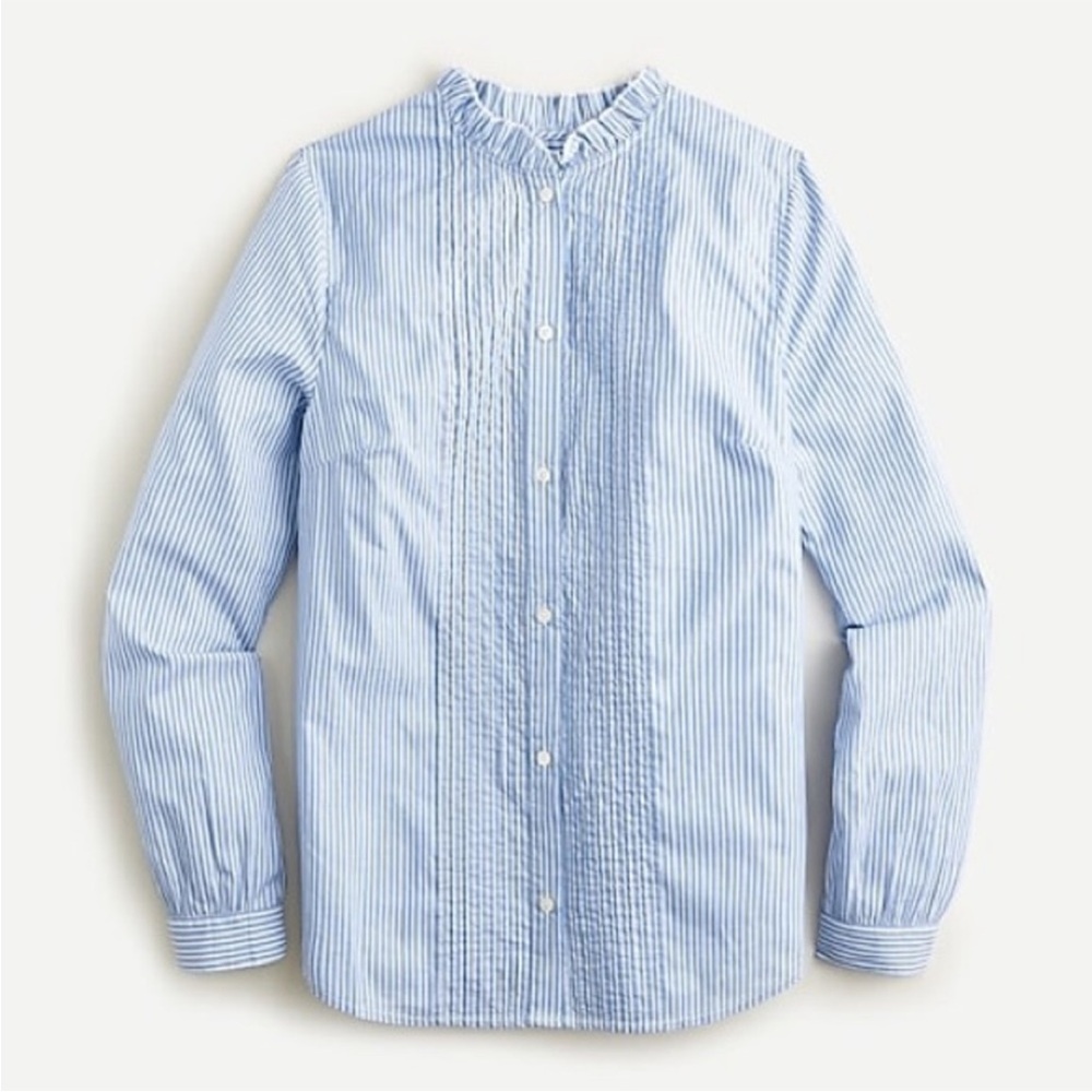 J.Crew | NEW Ruffleneck tuxedo shirt striped cotton Blue White Poplin Office S